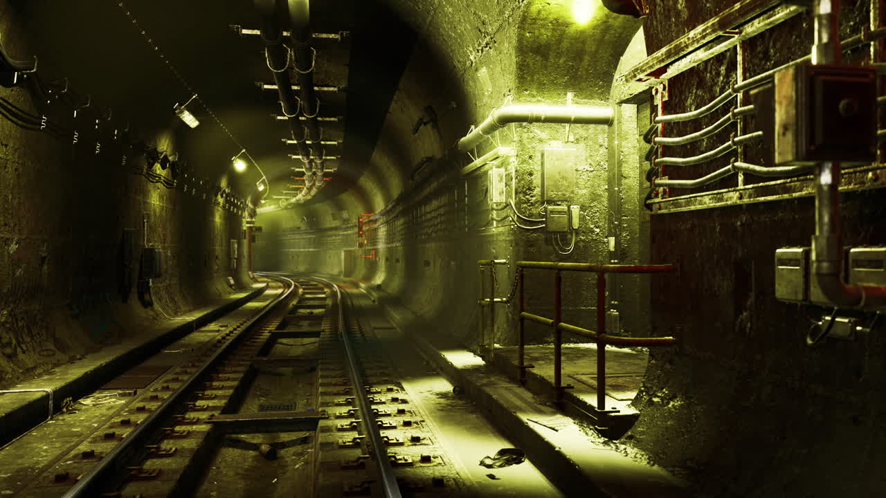 도시 환경에서 트랙과 희미한 조명을 가진 지하 터널