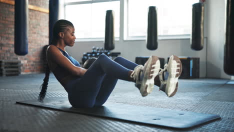 fitness, gym and black woman on floor with ball