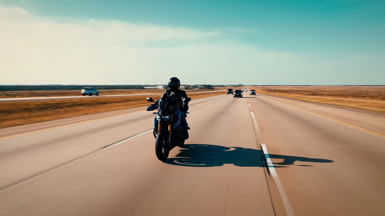 Solo Motorcyclist Riding On Highway Midday Sunlight Over Open Plains, Helmeted Rider Leans Into Gentle Curve,