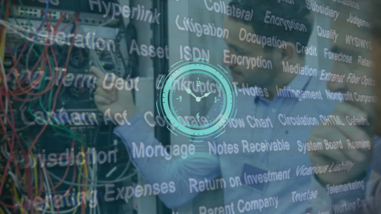 텍스트의 애니메이션과 서버  ⁇ 에 있는 두 인종의 남성들을 가로지르는 시계