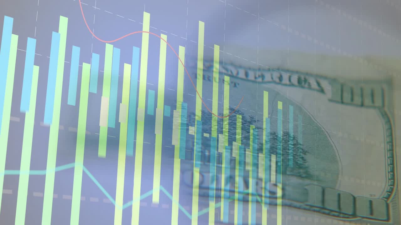 Aparición de cuadrícula activa el ascenso de barras y barrido de línea, deslizamiento de billetes, mostrando datos monetarios en capas