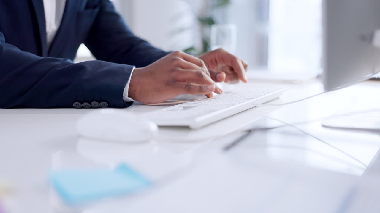 Business man, hands and typing on computer to
