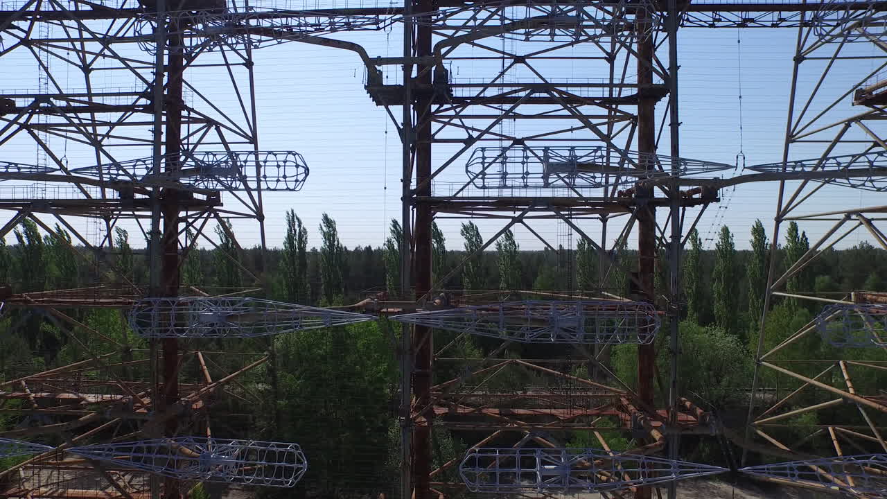 A relic of the Cold War, the Duga radar's massive steel lattice structure is shown in sharp detail near Chernobyl