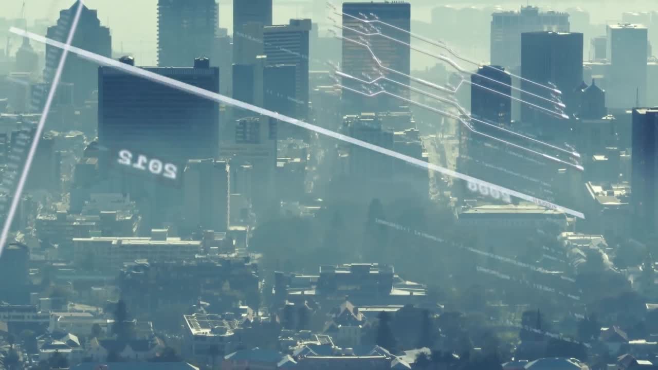 은 날 도시 풍경의 공중 전망을 통해 디지털 스크린에서 해가 바뀌는 애니메이션