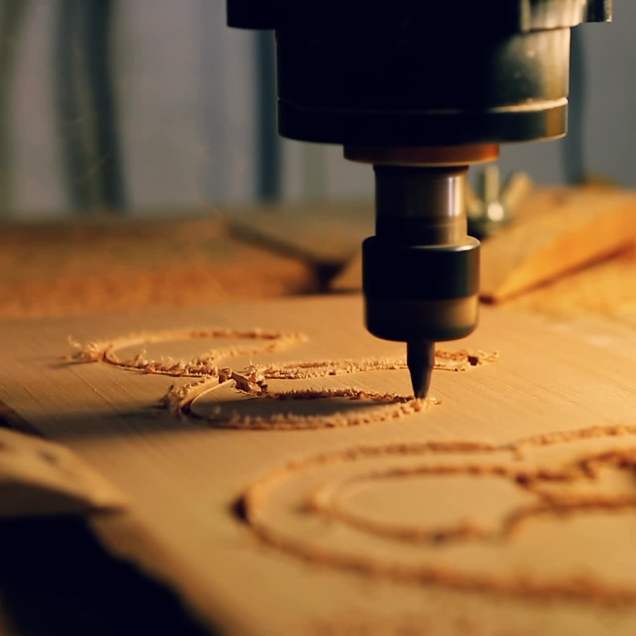 la máquina de cortar madera se mueve por encima de la mesa de trabajo