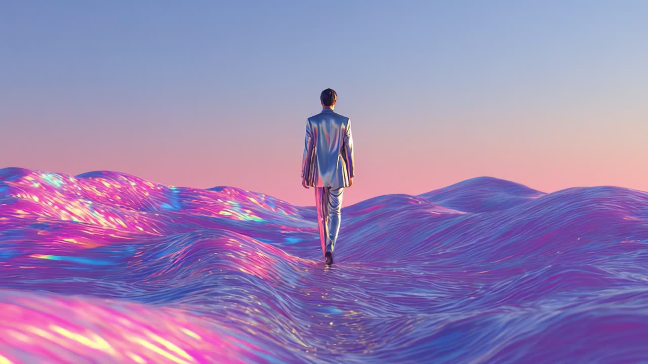 A man in a futuristic suit walking on waves at sunset