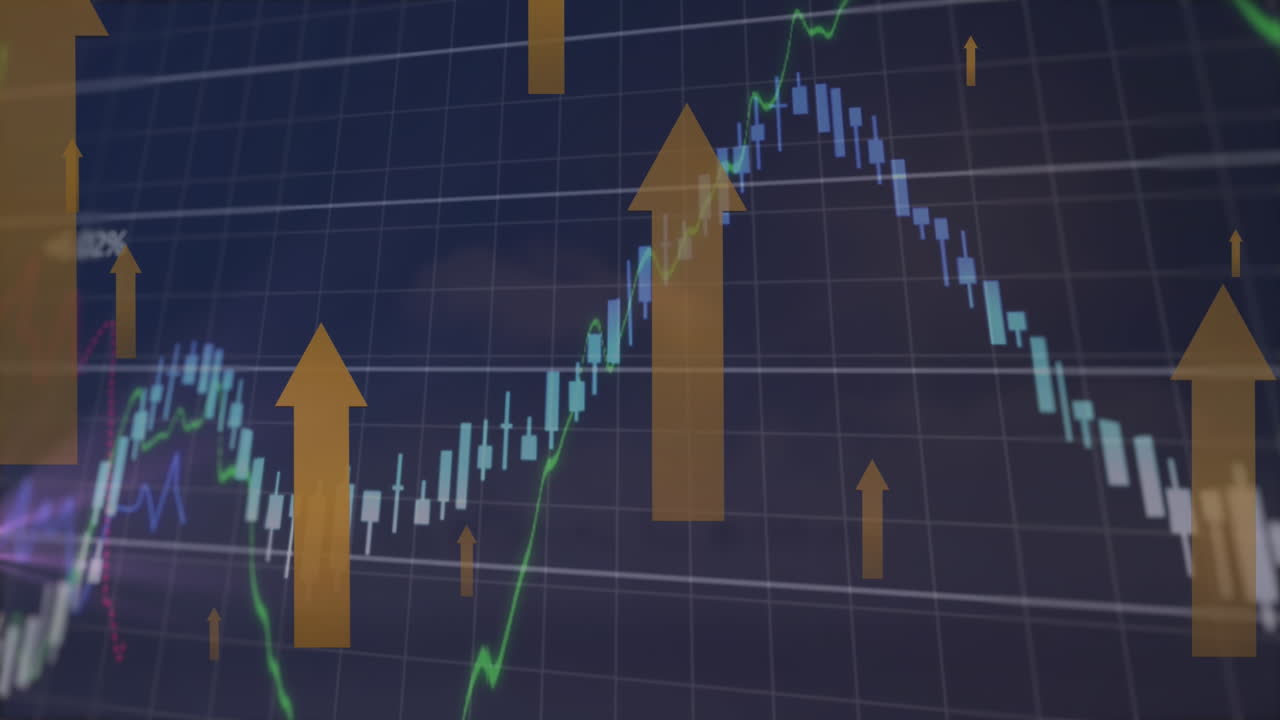 Animazione di elaborazione dati finanziari e frecce su griglia