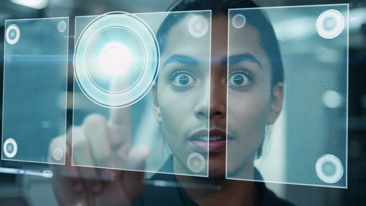 Touching bright circle, operator in dark shirt revealing system interface on glass panel