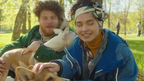 couple and dogs enjoying a sunny day in the park