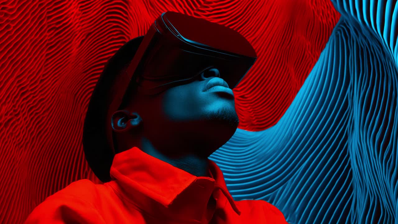 A Seamless Transition Between Two Frames Capturing the Intriguing World of Virtual Reality and the Immersive Experience of the User Engaged in a Digital Realm Surrounded by Dynamic Colors and Textures
