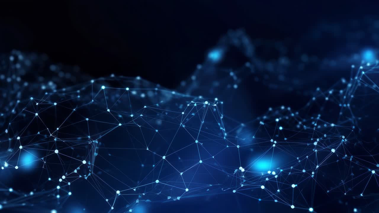 Aerial view of a digital network with glowing nodes and lines, creating a futuristic and immersive