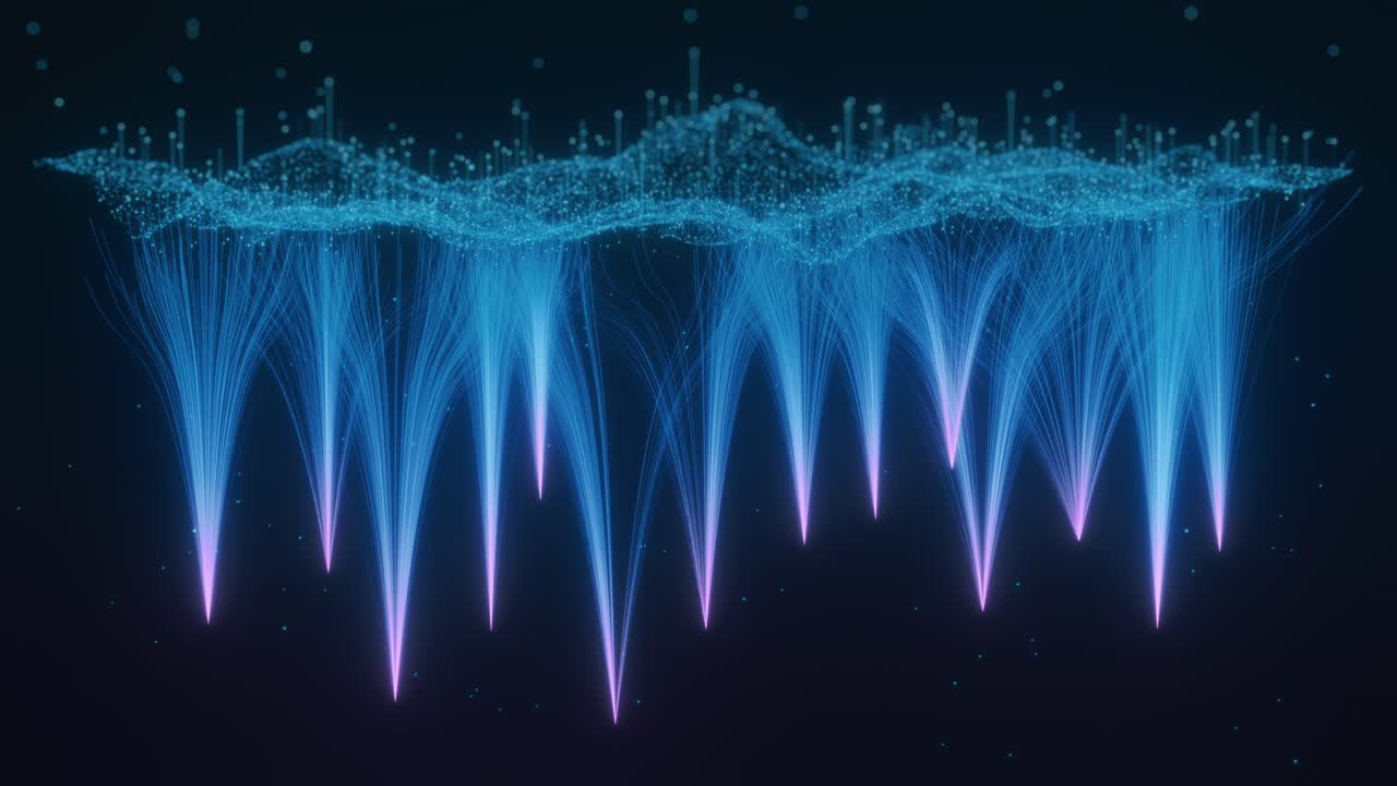 Abstract AI neural network with glowing blue particle cloud and purple light beam streams on deep dark background. 3D render of synaptic data flow connections for machine learning, deep learning, and big data concept