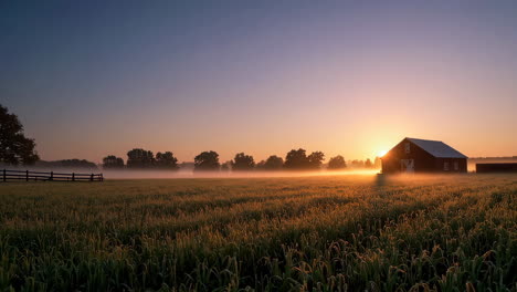 sunrise over a misty farm field with a red barn