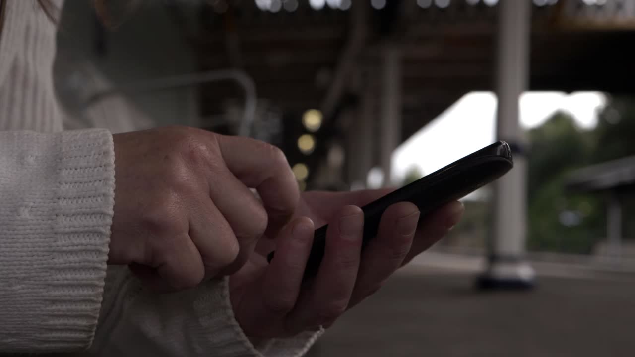Hands scrolling on internet on cellphone on train platform medium shot