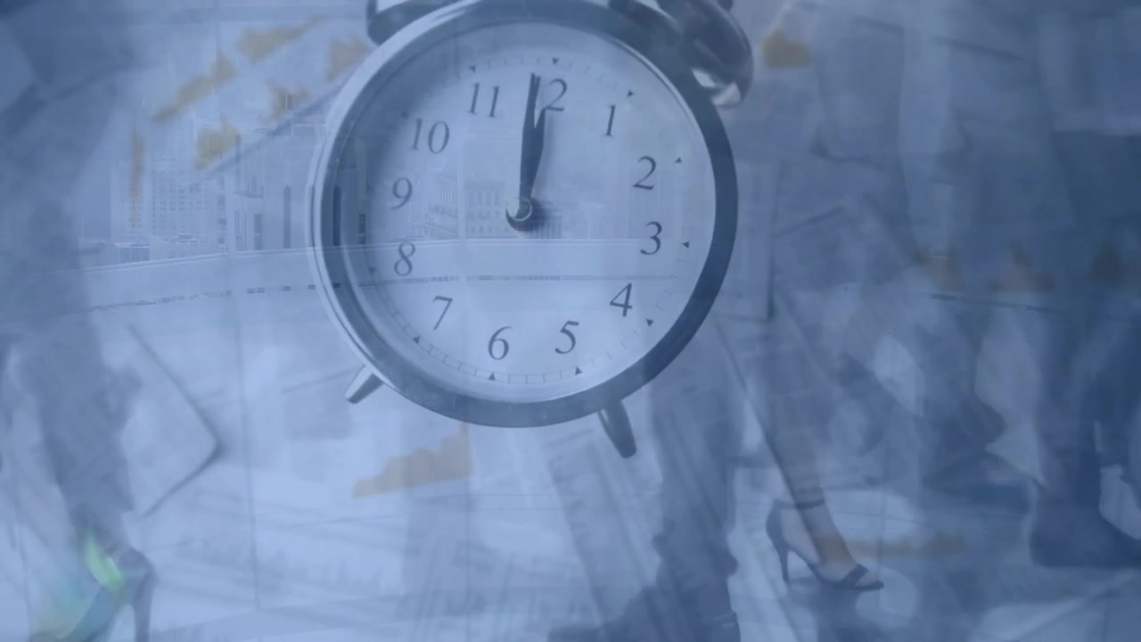 Business professionals walking across tiled floor, showing financial charts and midnight clock face