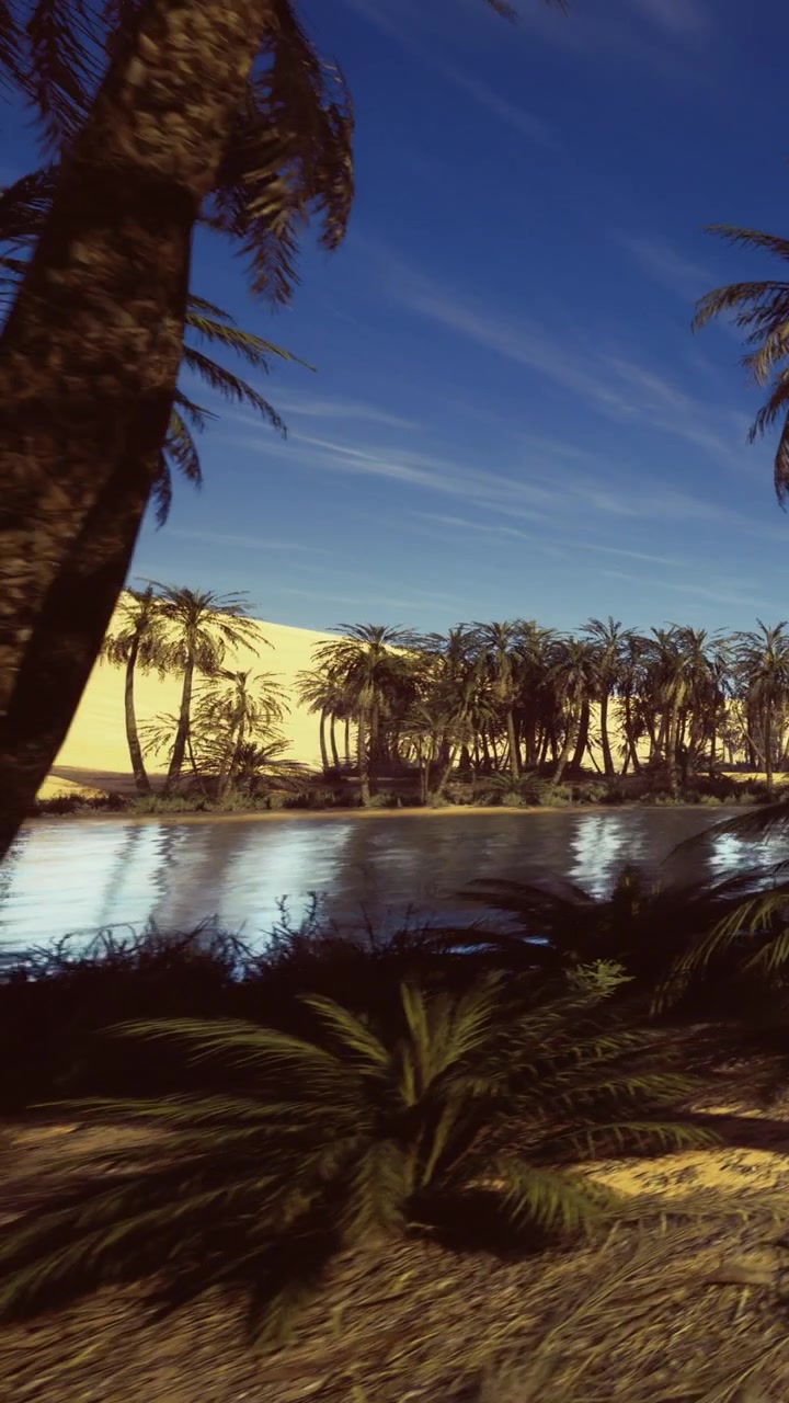 Palme e fiume in un paesaggio desertico sotto un cielo blu