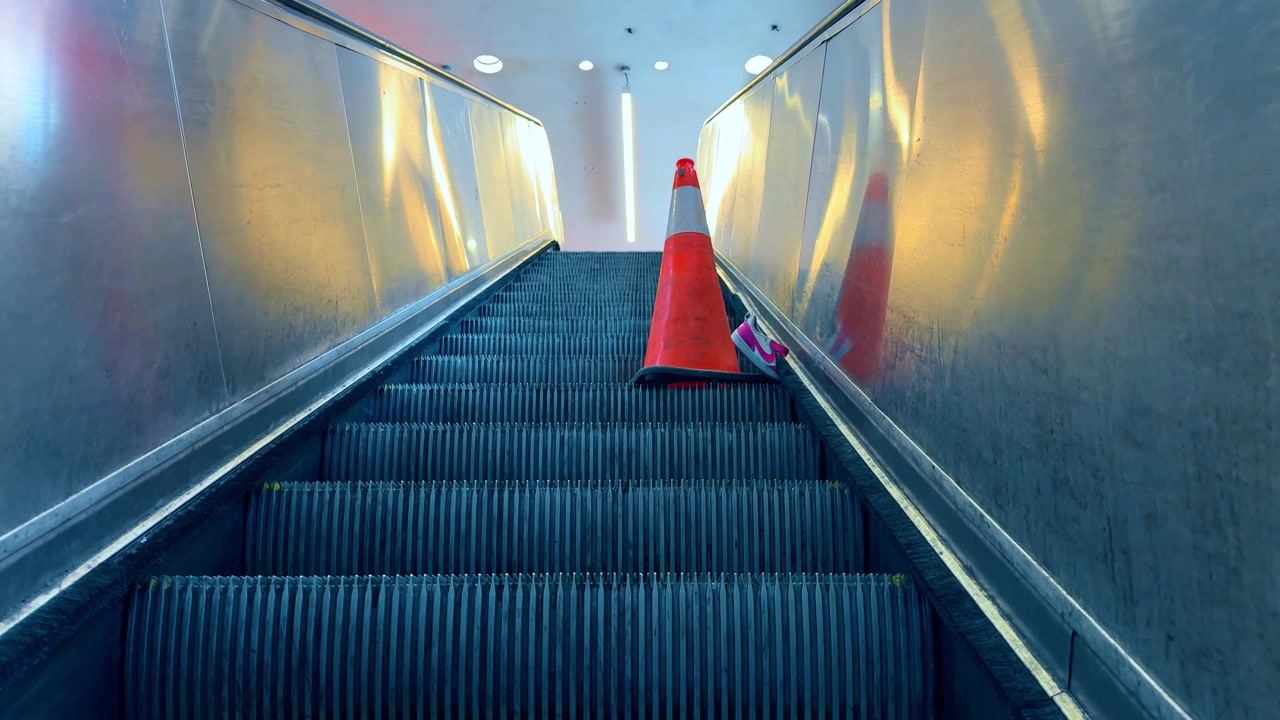 Orange traffic cone and shoe on stationary indoor escalator. High angle view of safety cone and pink sneaker on metal steps of mechanical stairs