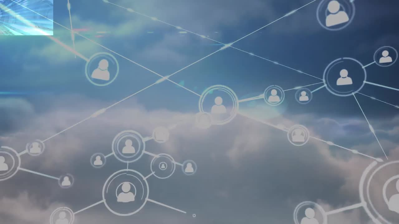 Animazione di una rete di connessioni con icone su un cielo con nuvole