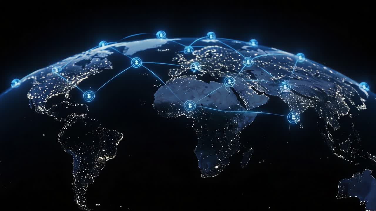 An Illuminated Globe Showcasing Global Connectivity and Networking with Digital Connections Illuminating Major Cities Across Continents in a Stunning Display