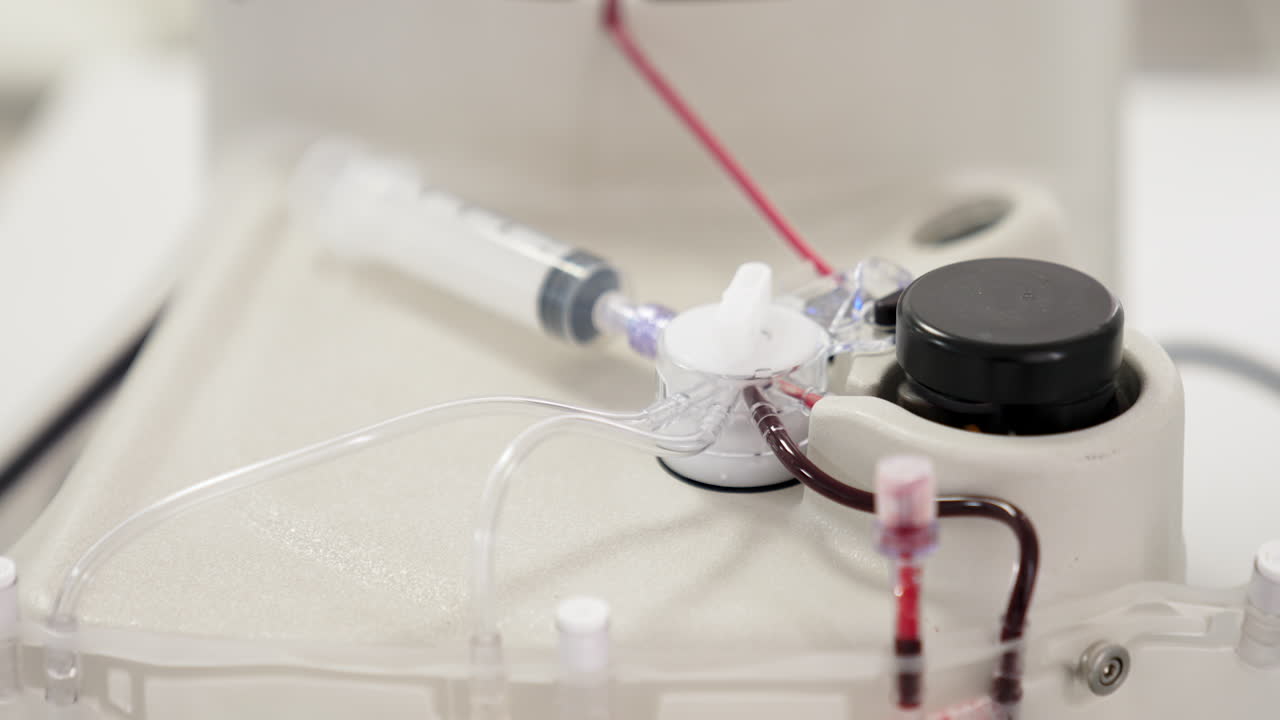 Modern centrifuge machine producing plasma from blood. Close up. PRP therapy in hospital.