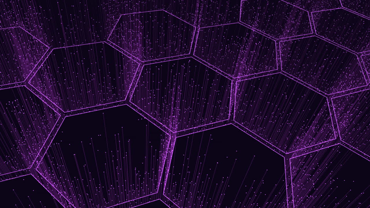 Hexagonal purple lines intersect to create a modern geometric pattern against a dark backdrop. The thin, straight lines form a visually striking and intricate design