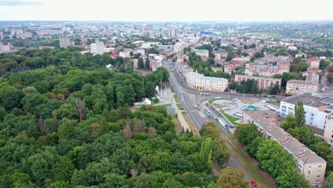Aerial urban green park. Aerial view of urban skyline and park