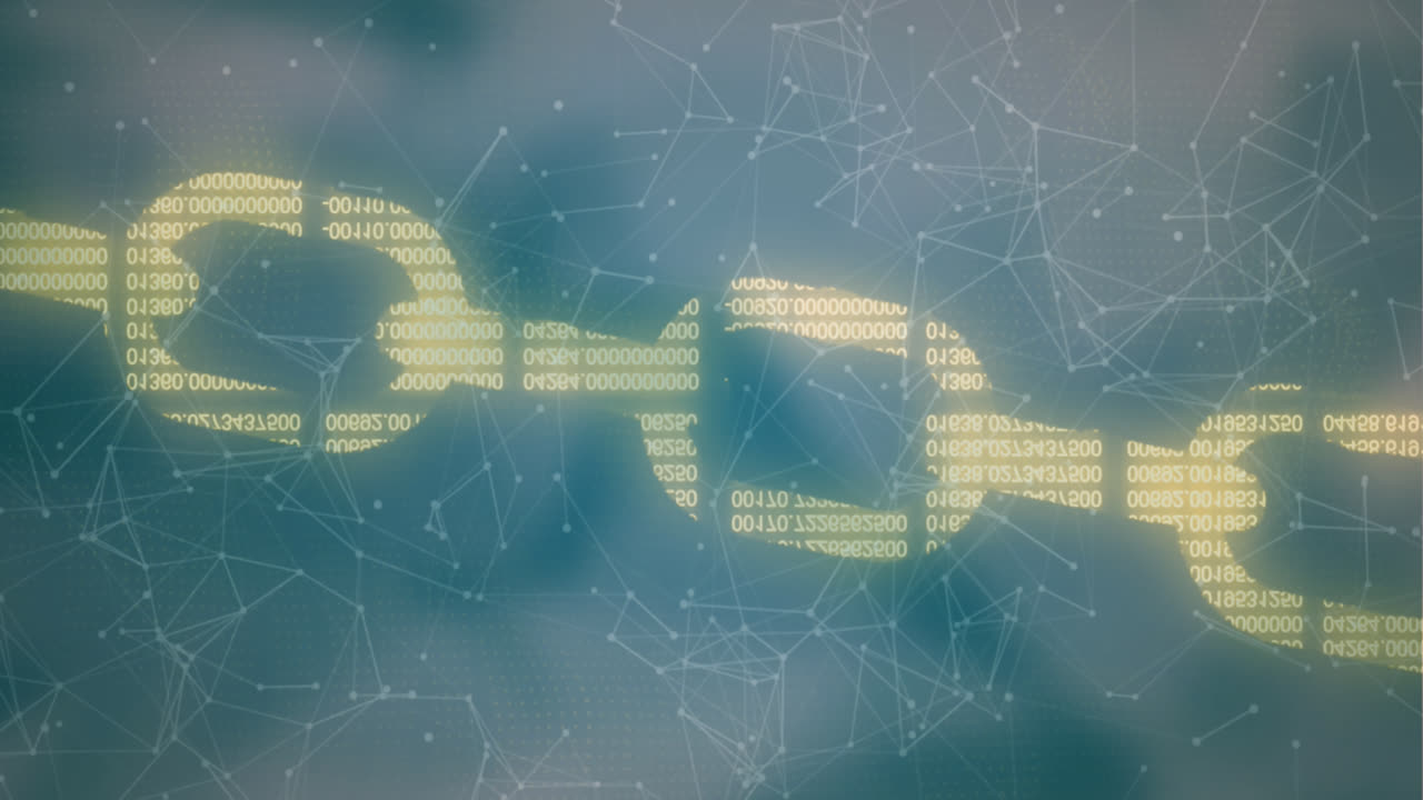 Animation of security chain icon and network of connections against grey gradient background