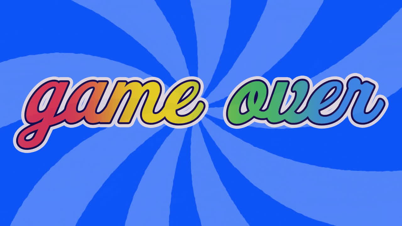 Animation of rainbow game over text over blue pattern background