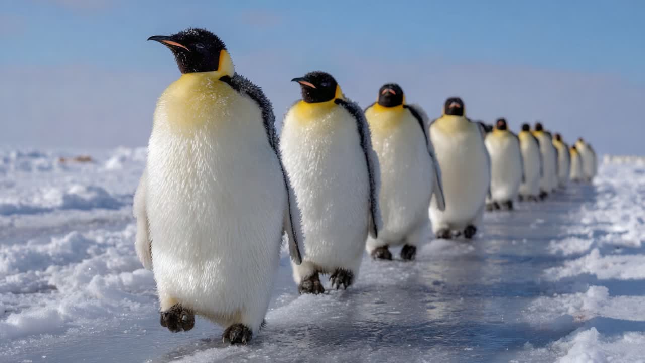 A Majestic Line of Emperor Penguins Walking in Formation Across the Icy Landscape, Showcasing Their Unique Beauty and Resilience in a Harsh Environment