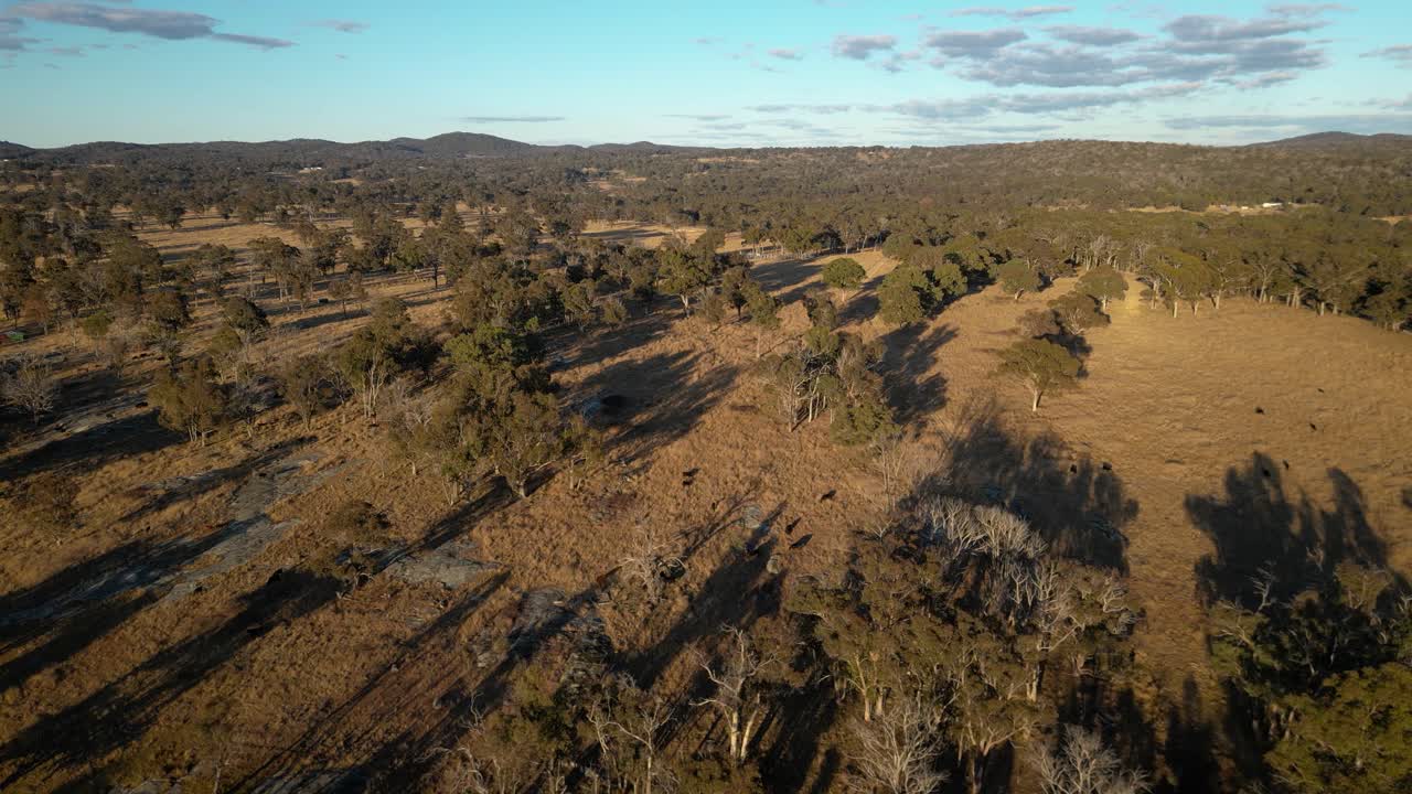 Vista aérea da zona rural de Stanthorpe, Queensland, no início da manhã de inverno.