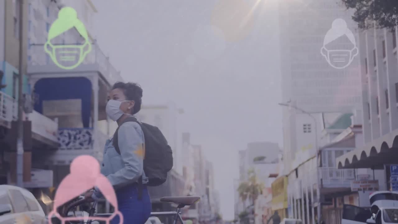 다수의 아이콘 위에 거리에서 마스크와 자전거를 착용한 여성의 애니메이션