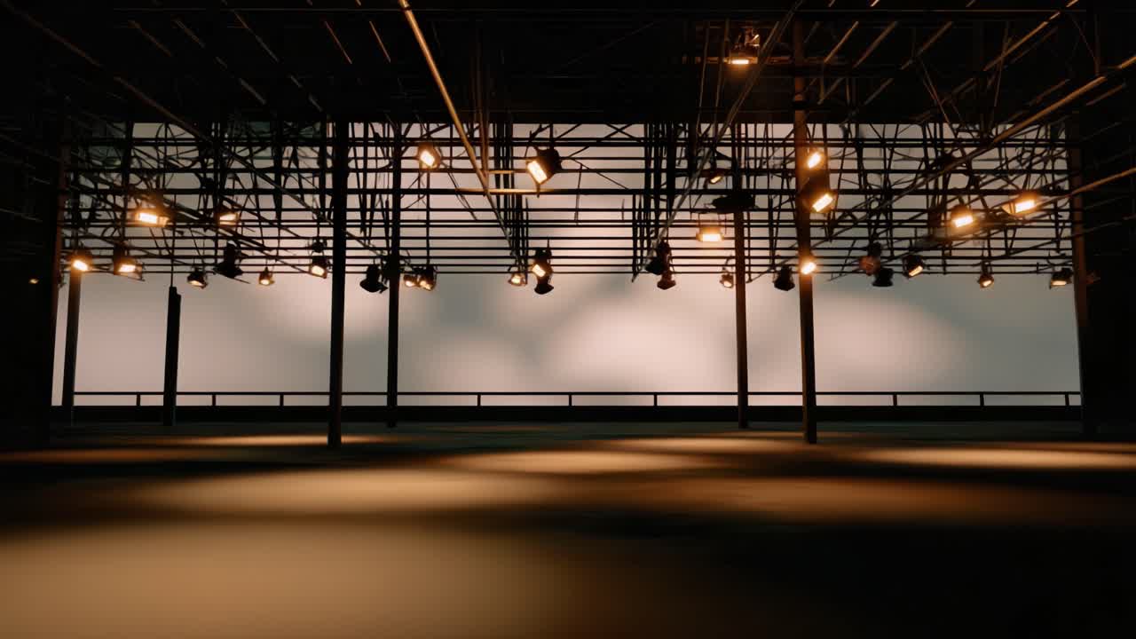 An Artistic Exploration of a Modern, Empty Stage Filled with Dramatic Lighting in a Spacious Environment, Ready for Performance or Event Setup