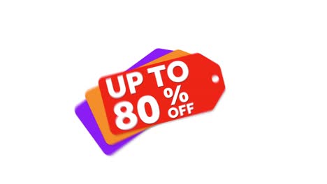 red, orange, and purple sale price tag element animates in, advertising up to 80% off sale