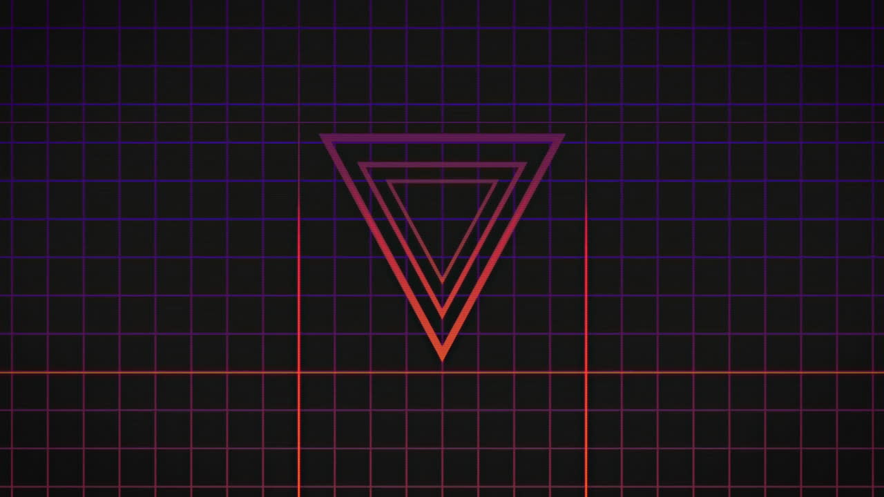 Geometric triangle shapes animation over grid background with neon colors
