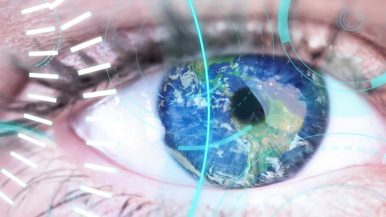 텍스트 5g의 애니메이션으로 파란색과  ⁇ 색의 스 ⁇  스캐닝을 인간의 눈 위에서 처리합니다.