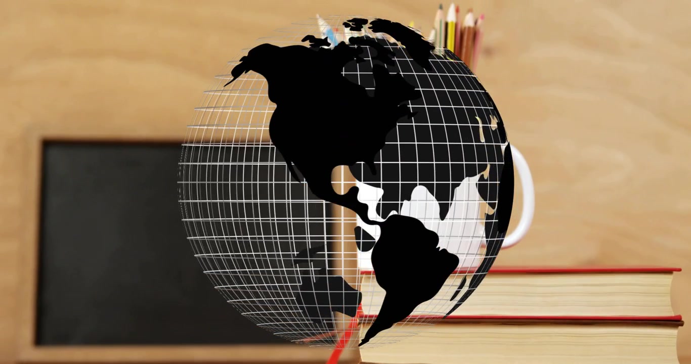 Globo wireframe che appare e ruota per rivelare continenti neri tra gli oggetti sulla scrivania.