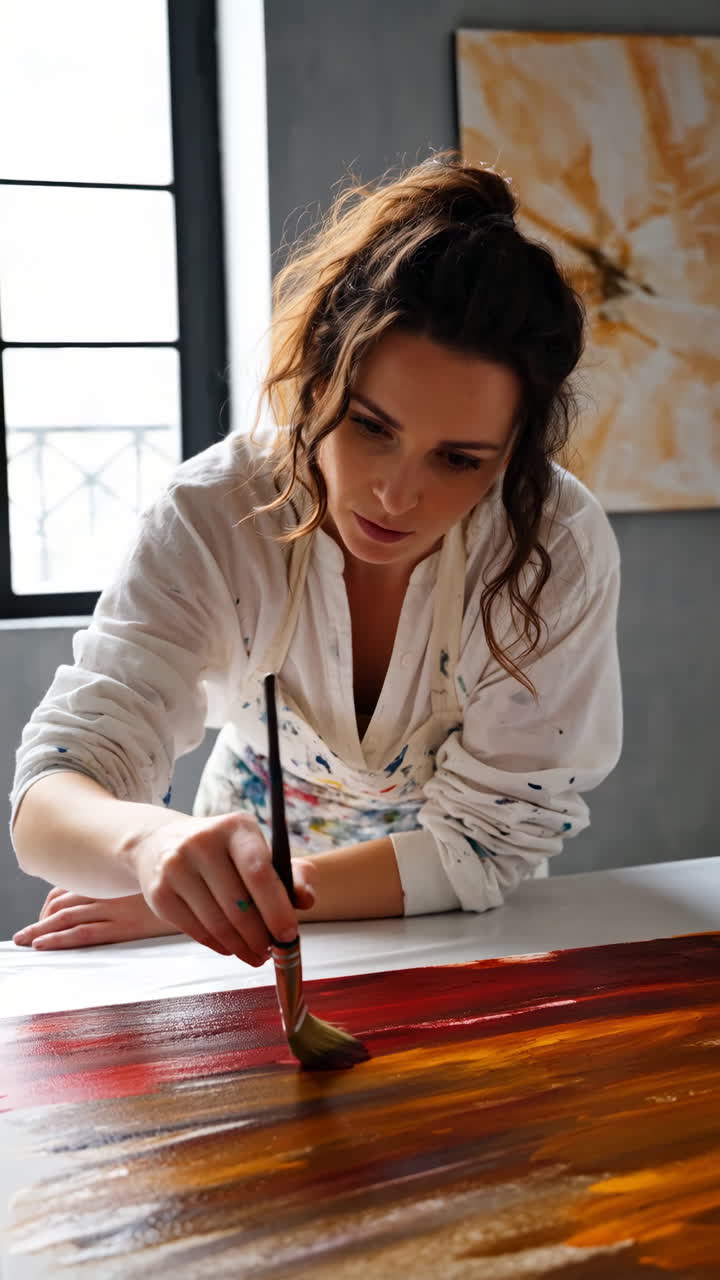 Donna concentrata a dipingere un'opera d'arte astratta nel suo studio