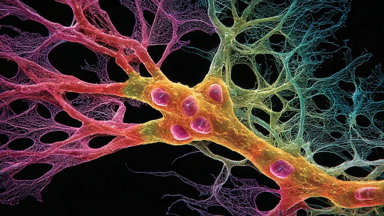Visualizzazione vivida di strutture cellulari: uno sguardo dettagliato alla complessa rete di neuroni e cellule di supporto ad alto ingrandimento