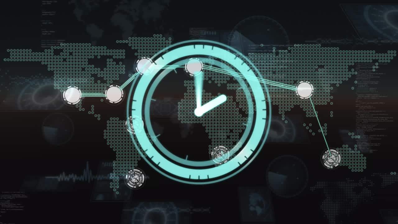 Animation of moving clock over network of connections and world map