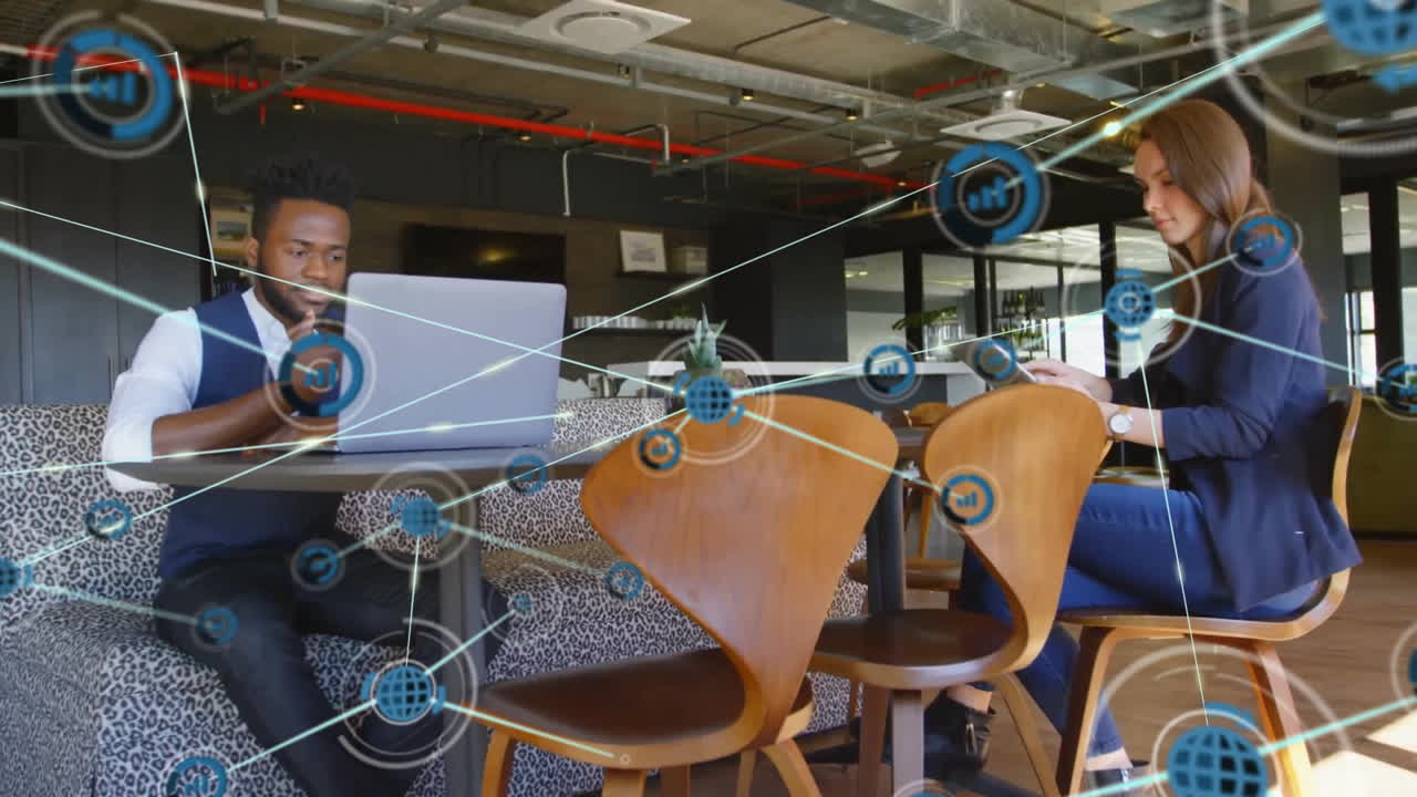 Animation of network of connections with icons over diverse business people in office