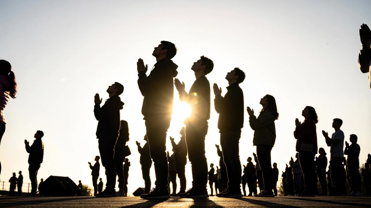 Standing center row backlit crowd holding hands tilting heads as sun rising for sunrise, amp left