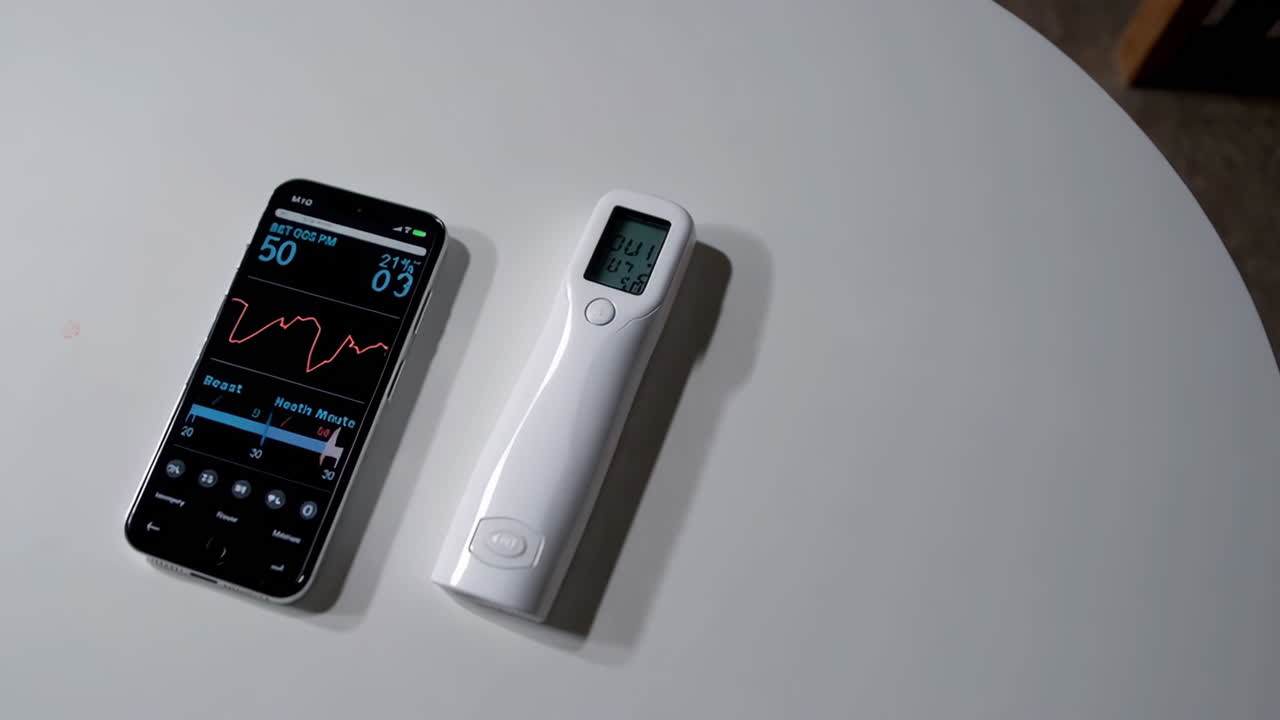 Smartphone and Digital Thermometer on a Table