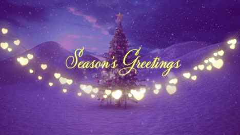 animación de las estaciones saludos texto, cuerdas de brillantes luces de hadas de navidad y árbol de navidad