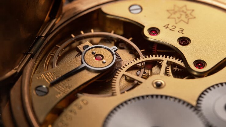 Rubies Jeweled Watch Mechanism With Golden Balance Wheel And Gears In Macro and Slow Motion