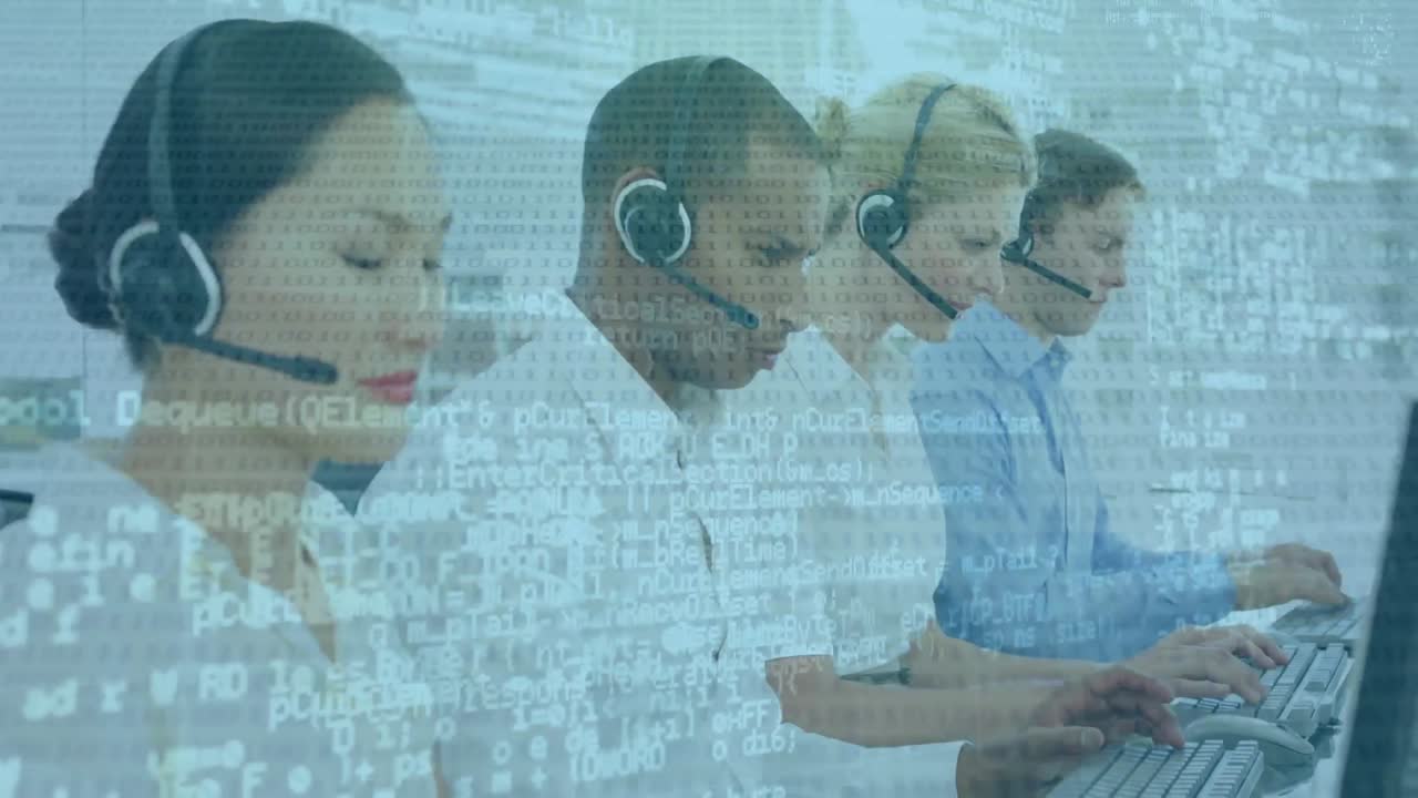 Animation of financial data processing over diverse business people using headsets and computers