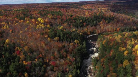 Stromschnellen-Und-Wasserfälle-Im-Herbstlich-Gefärbten-Wald,-Hohe-Luftaufnahme