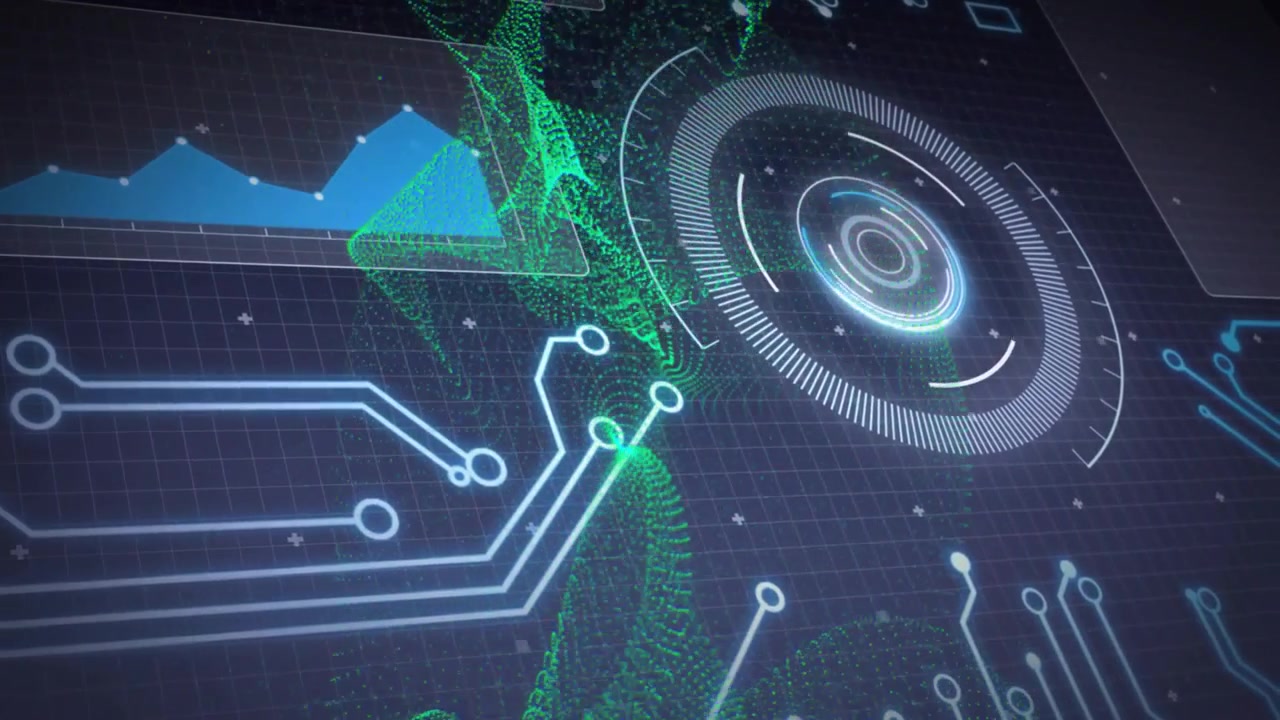 Fading grid crosshairs initiating frame, traces sliding as ribbon forming HUD rotating, stabilizing