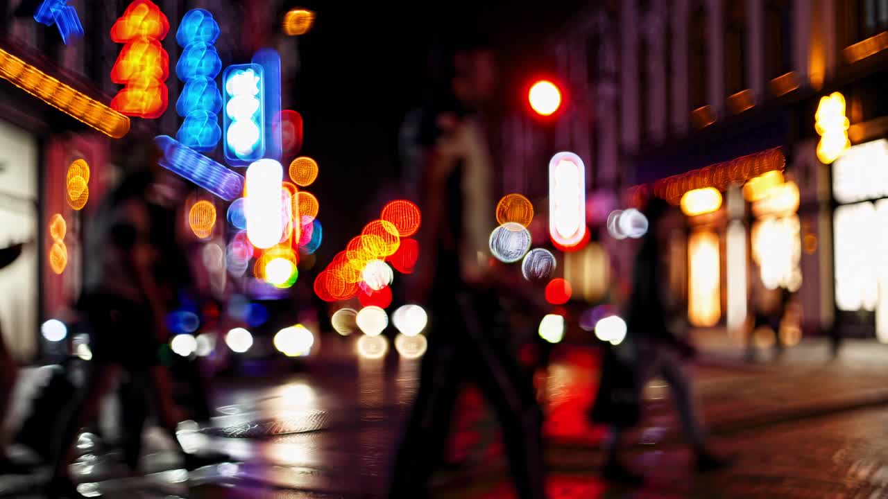 Blurred city street at night with neon lights and silhouettes of people