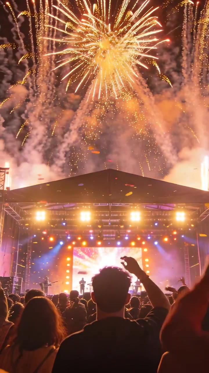 Video verticale: Lancio di fuochi d'artificio che illuminano la sagoma di un fan che alza il braccio e filma a uno spettacolo notturno.