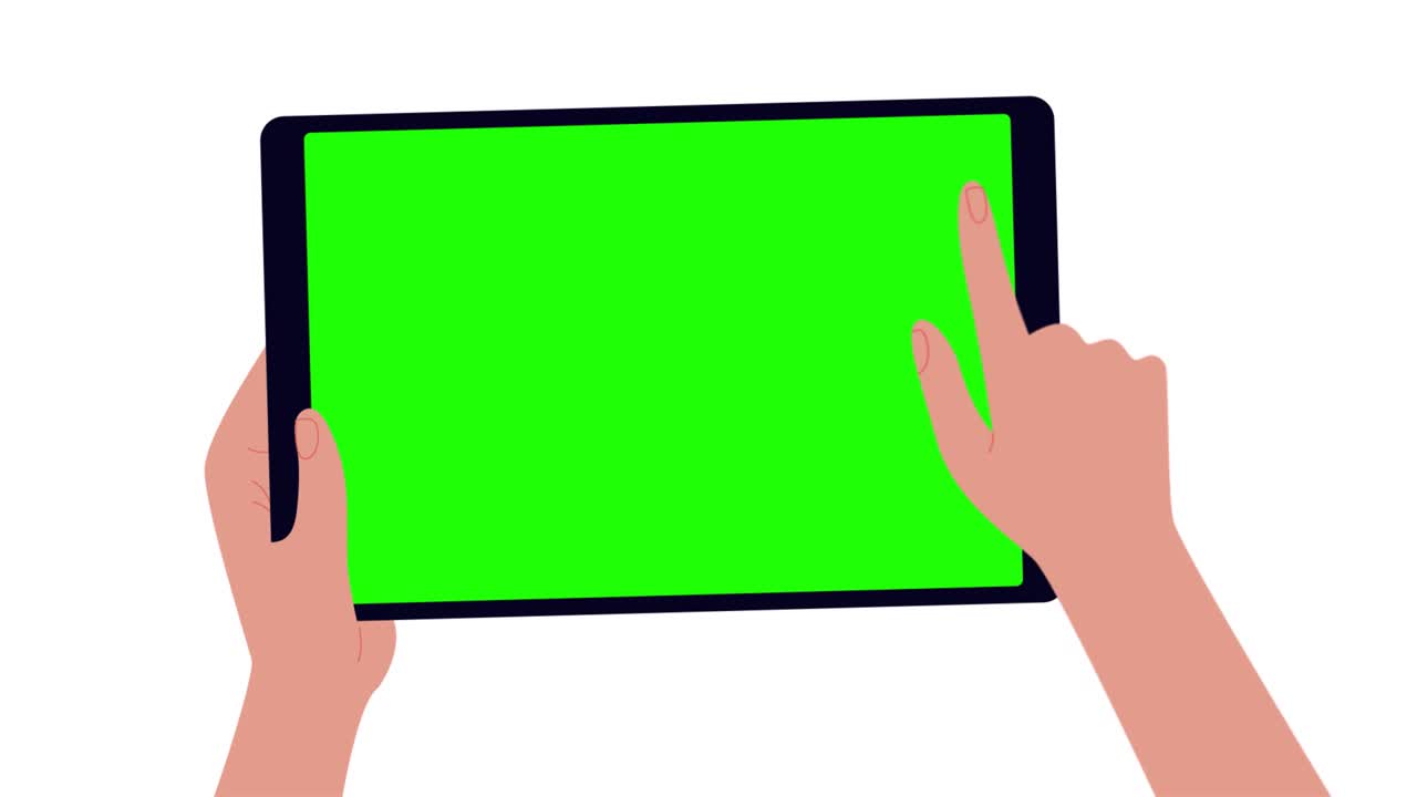 녹색 스크린과 크로마 키를 가진 태블릿의 애니메이션: 사람이 태블릿 컴퓨터를 들고, 스크린에 하고 슬라이드합니다. 프레젠테이션을 위해 템플릿과 모.